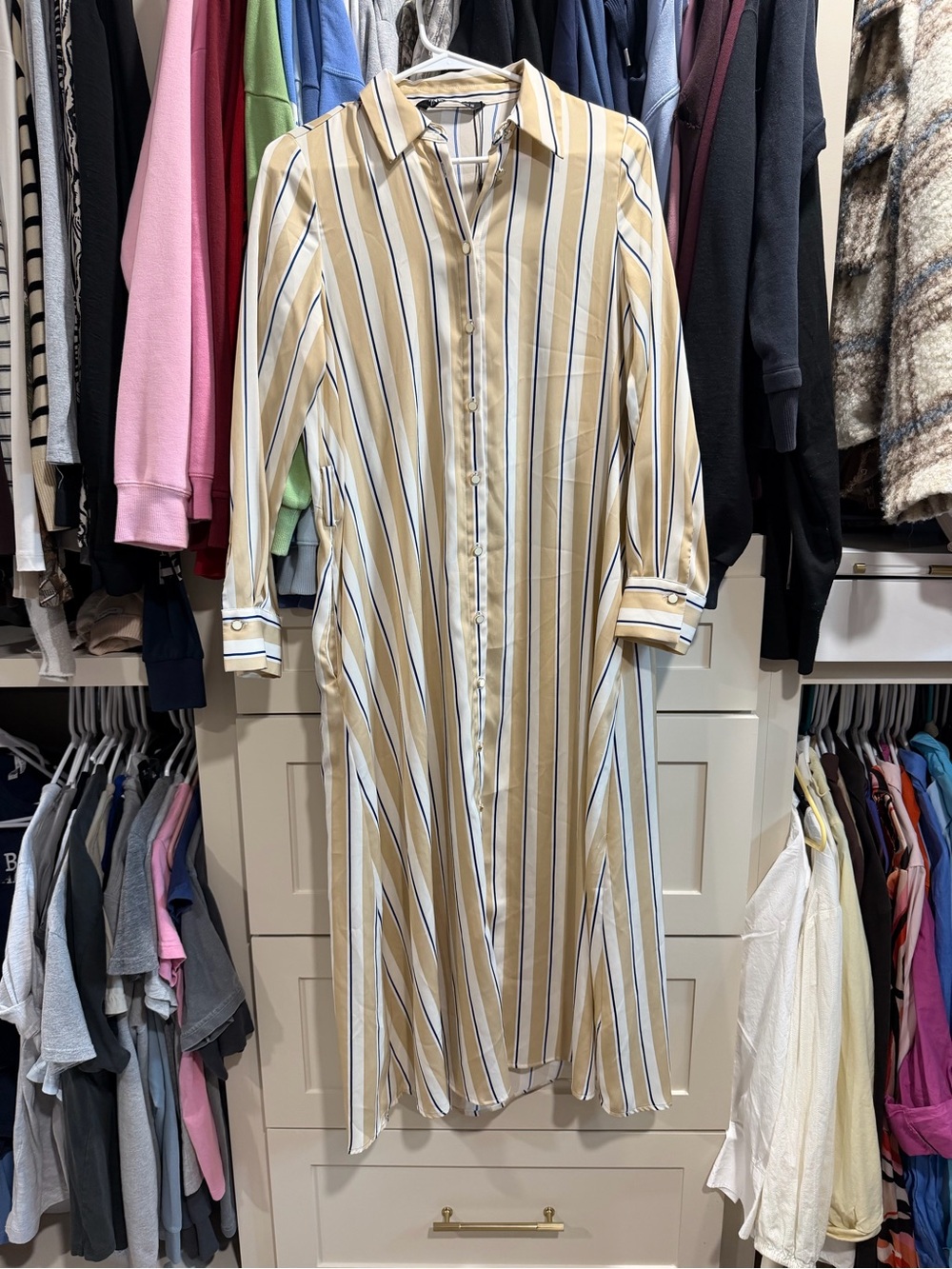 Zara Beige, White and Navy Striped Long Sleeve Shirt Dress